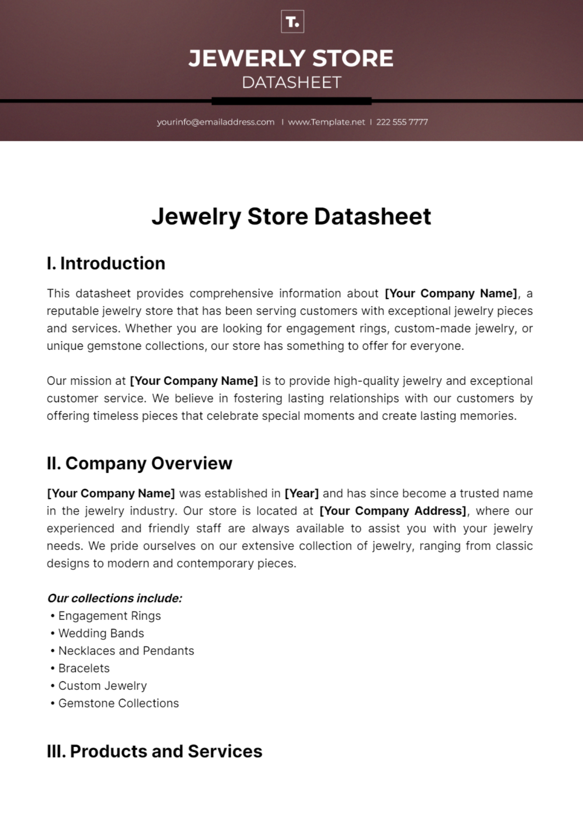 Jewelry Store Datasheet Template - Edit Online & Download