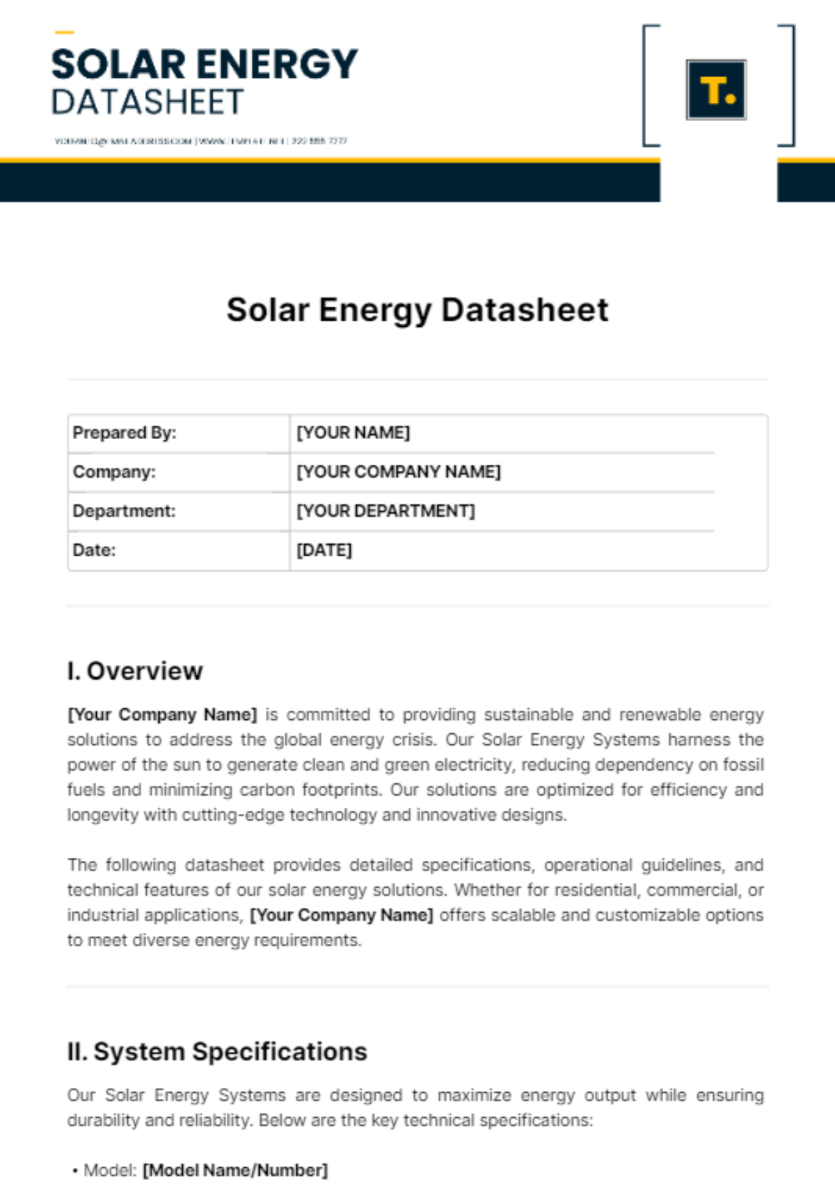 Solar Energy Datasheet Template