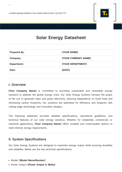 Free Solar Energy Datasheet Template to Edit Online