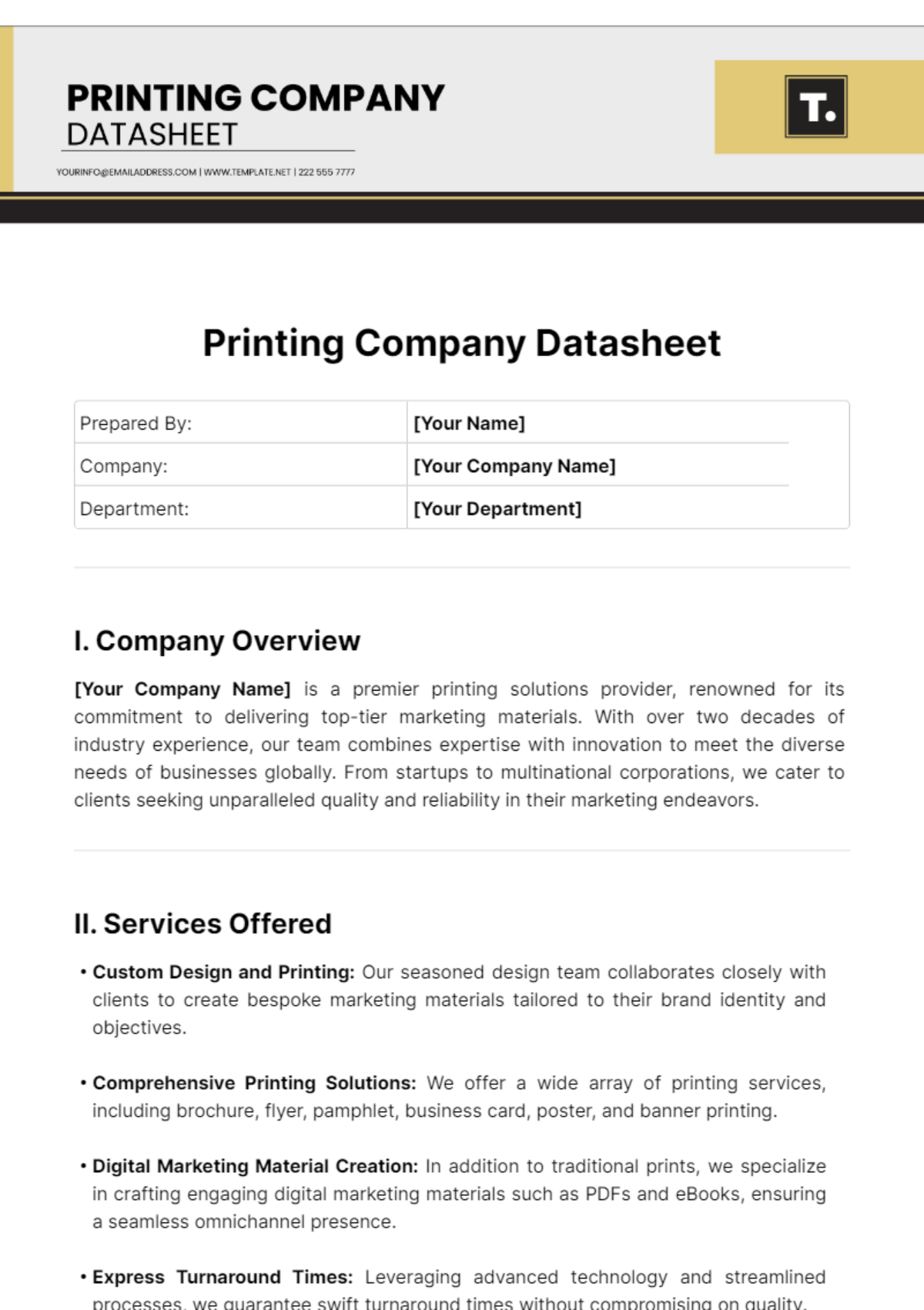 Printing Company Datasheet Template - Edit Online & Download