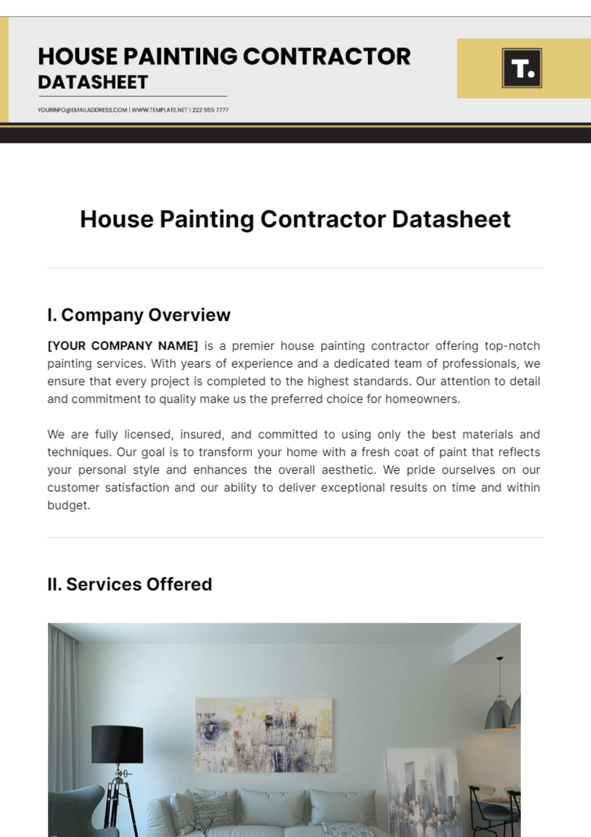 House Painting Contractor Datasheet Template