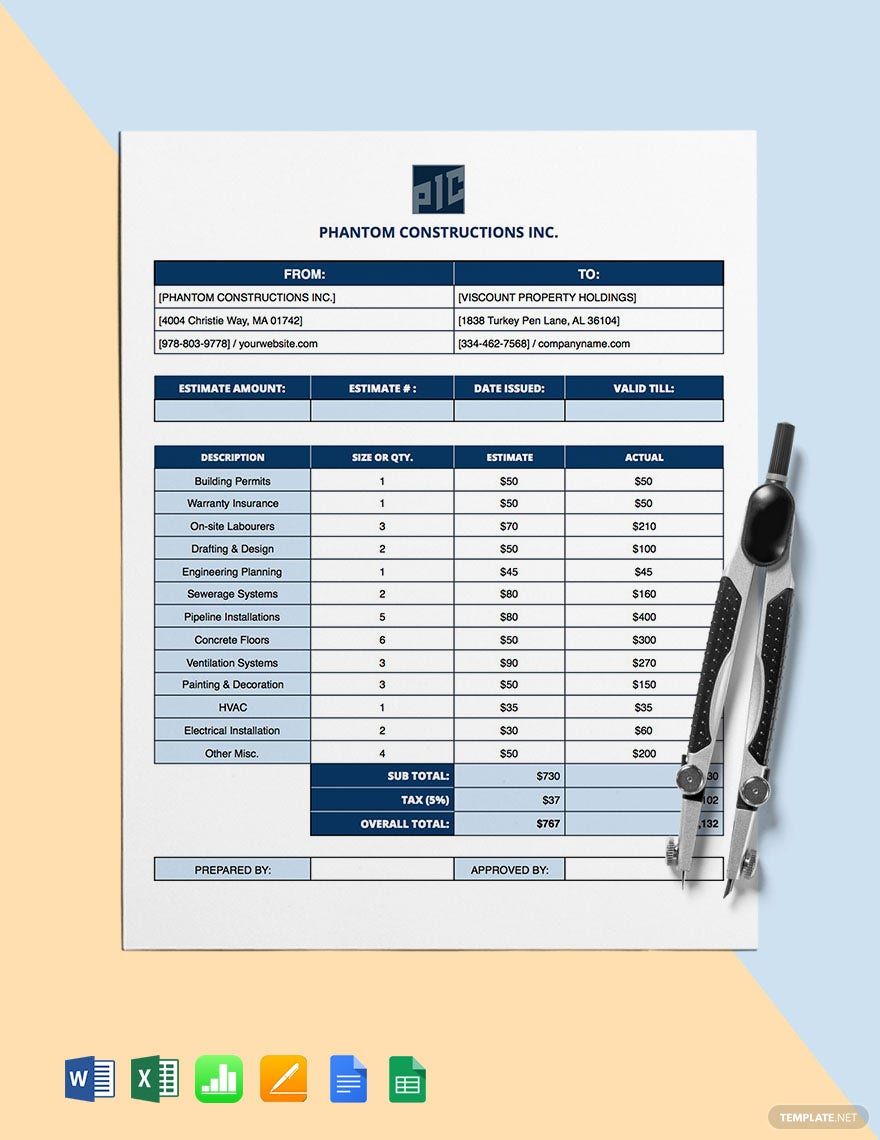 General Construction Estimate Template Google Docs, Google Sheets