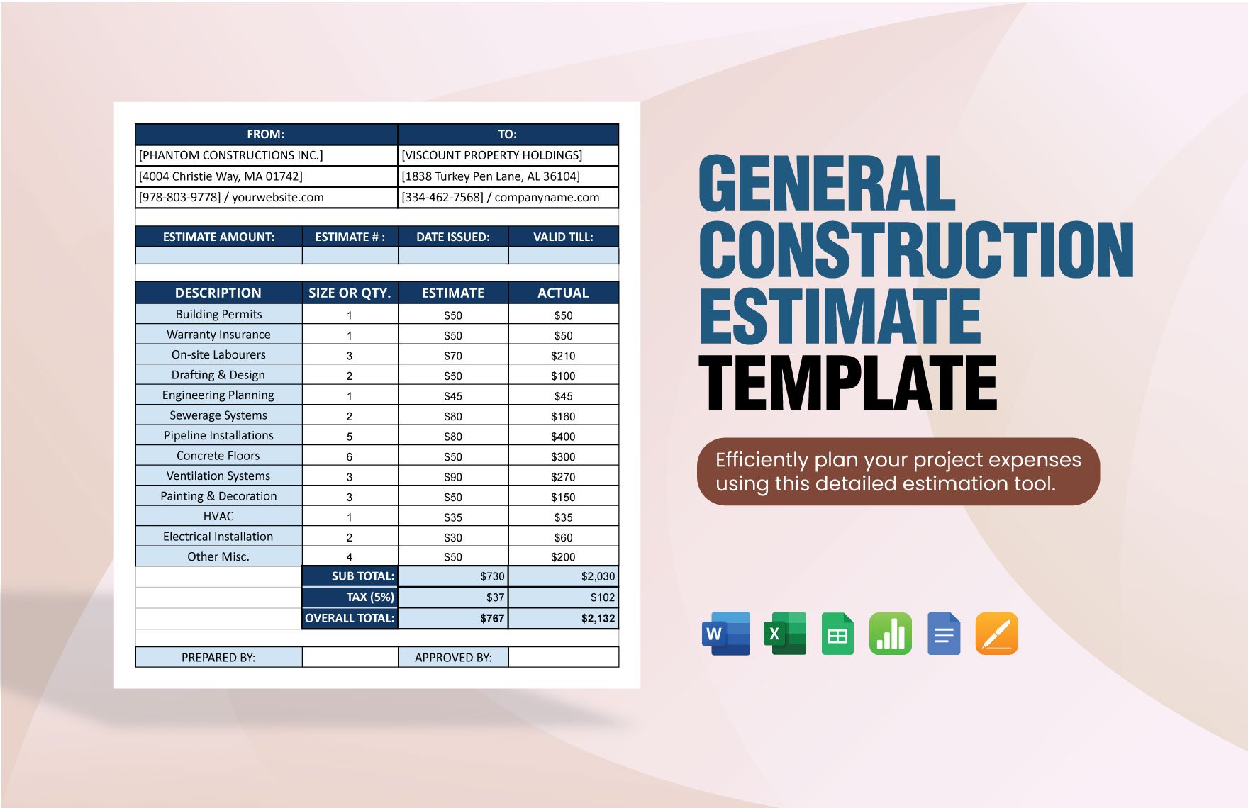 General Construction Estimate Template in Word, Google Docs, Excel, Google Sheets, Apple Pages, Apple Numbers