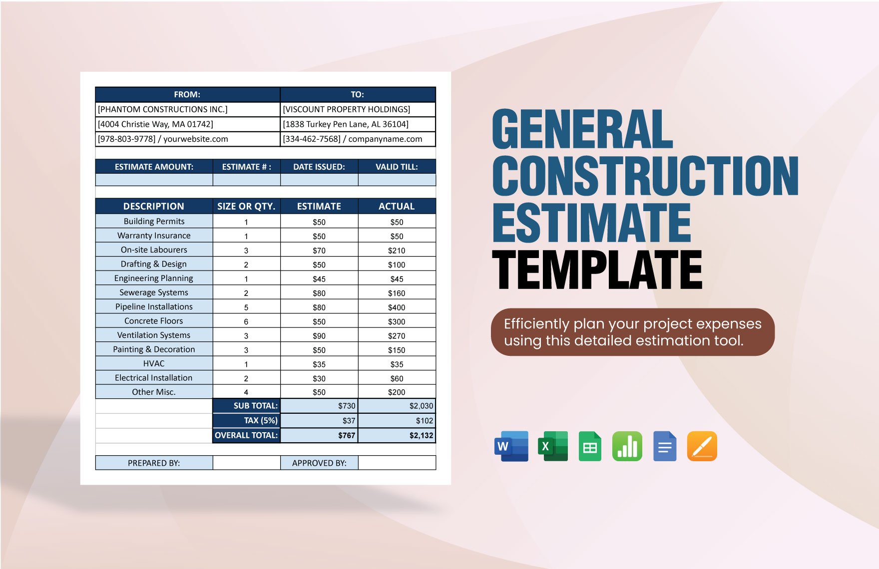 General Construction Estimate Template in Excel, Word, Google Docs ...