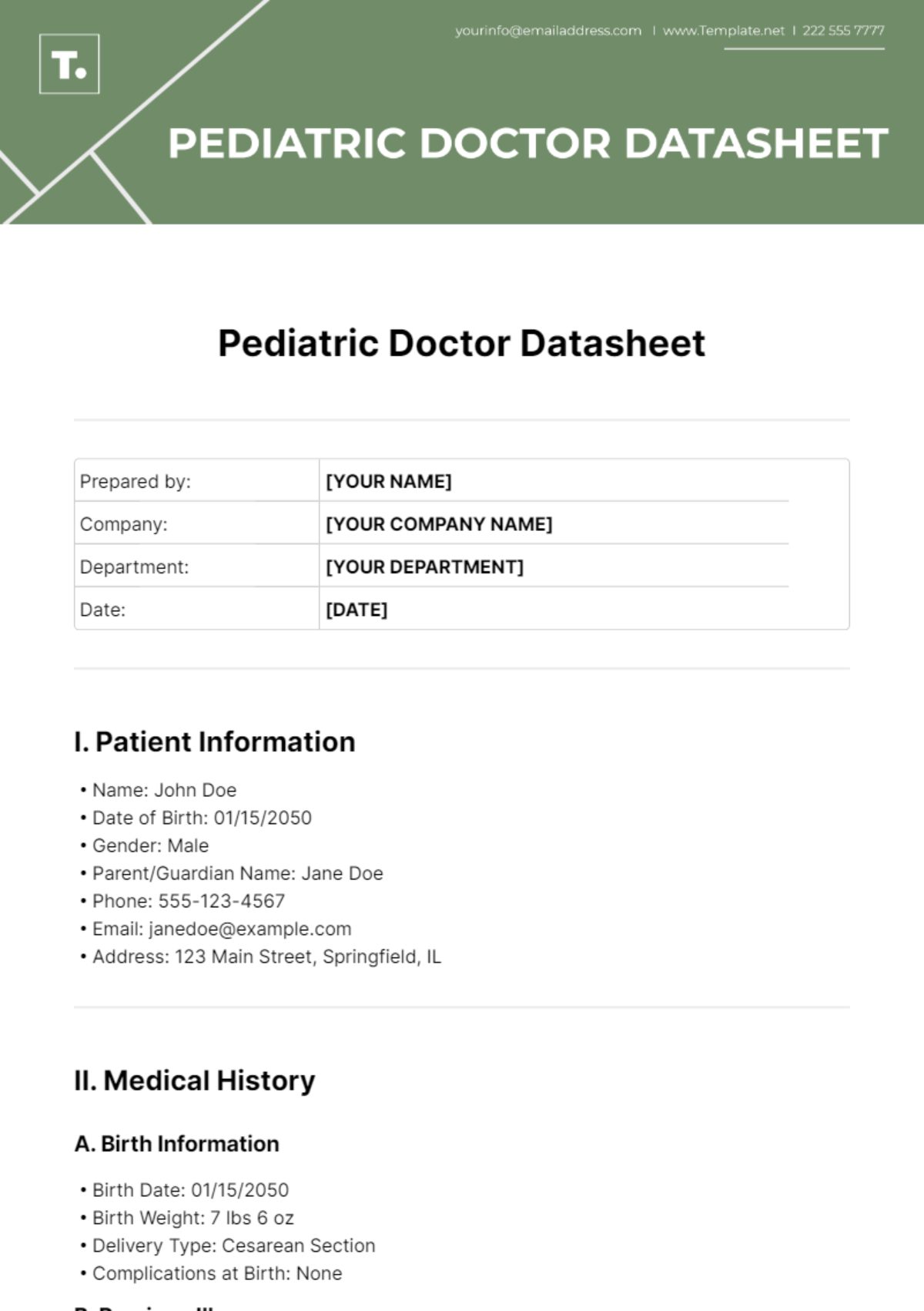 Pediatric Doctor Datasheet Template - Edit Online & Download