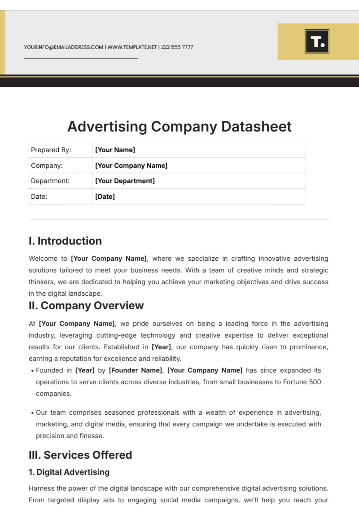 Advertising Company Datasheet Template - Edit Online & Download