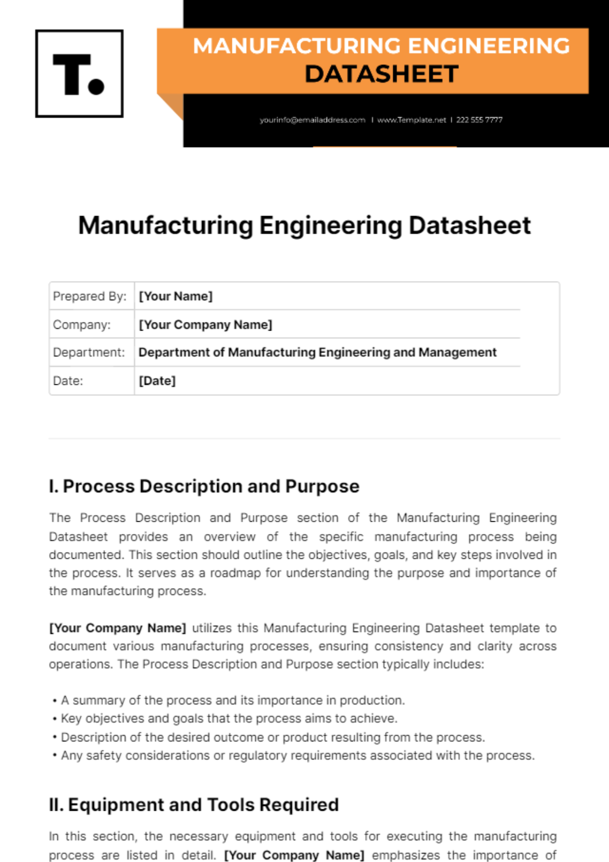 Manufacturing Engineering Datasheet Template - Edit Online & Download