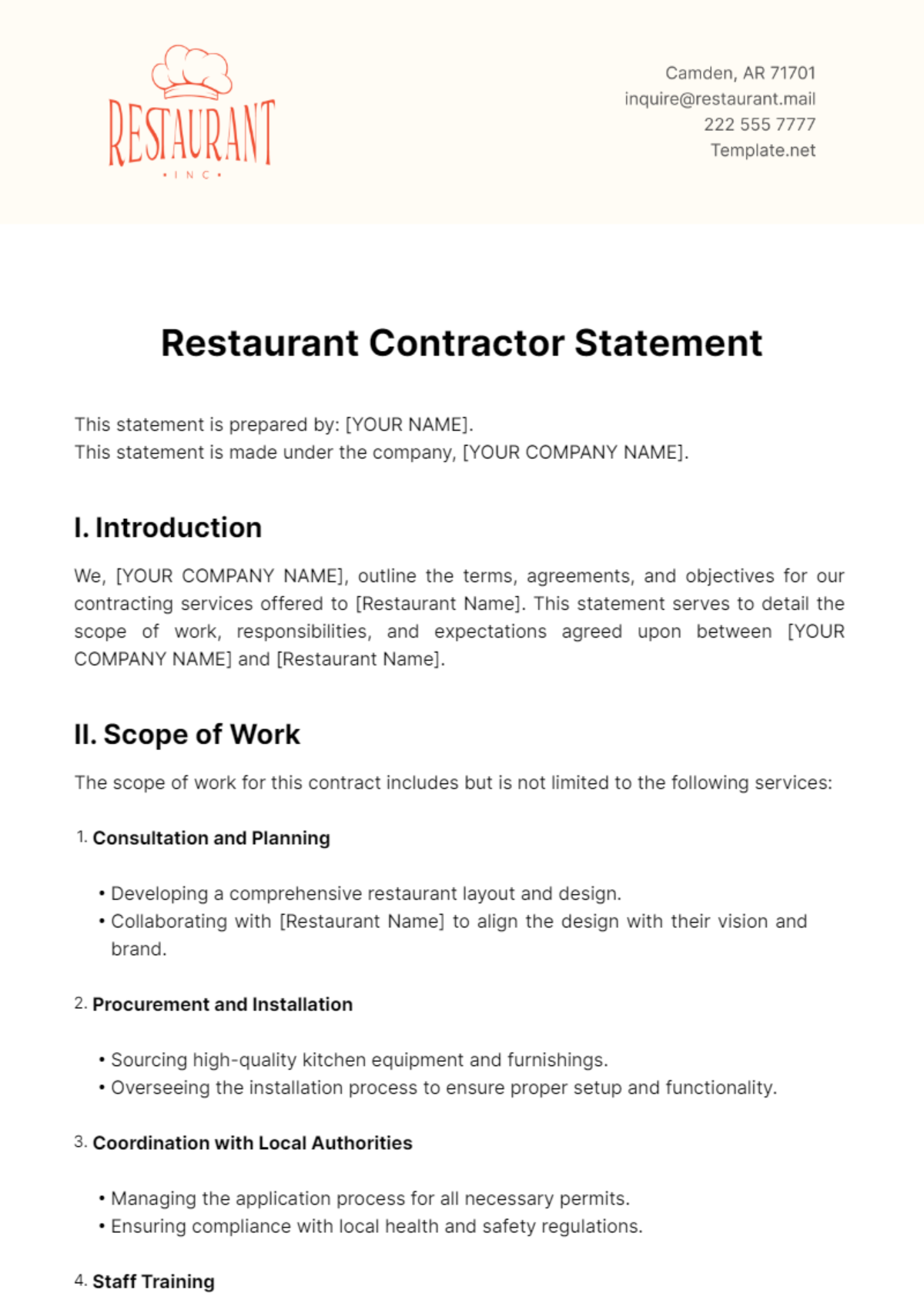 Restaurant Contractor Statement Template - Edit Online & Download