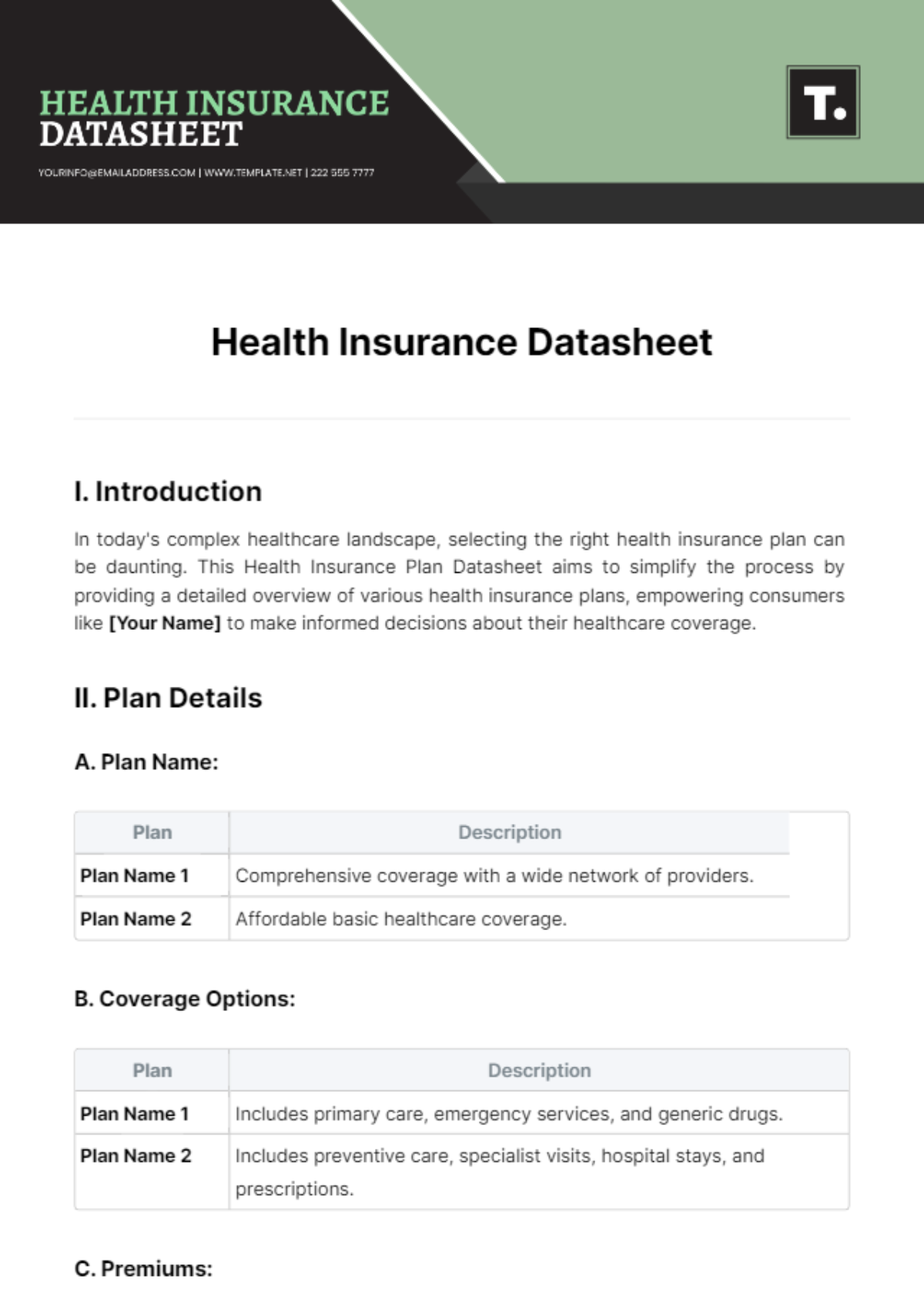 Health Insurance Datasheet Template