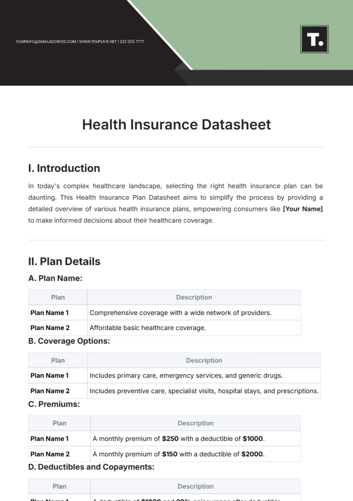 Health Insurance Datasheet Template - Edit Online & Download