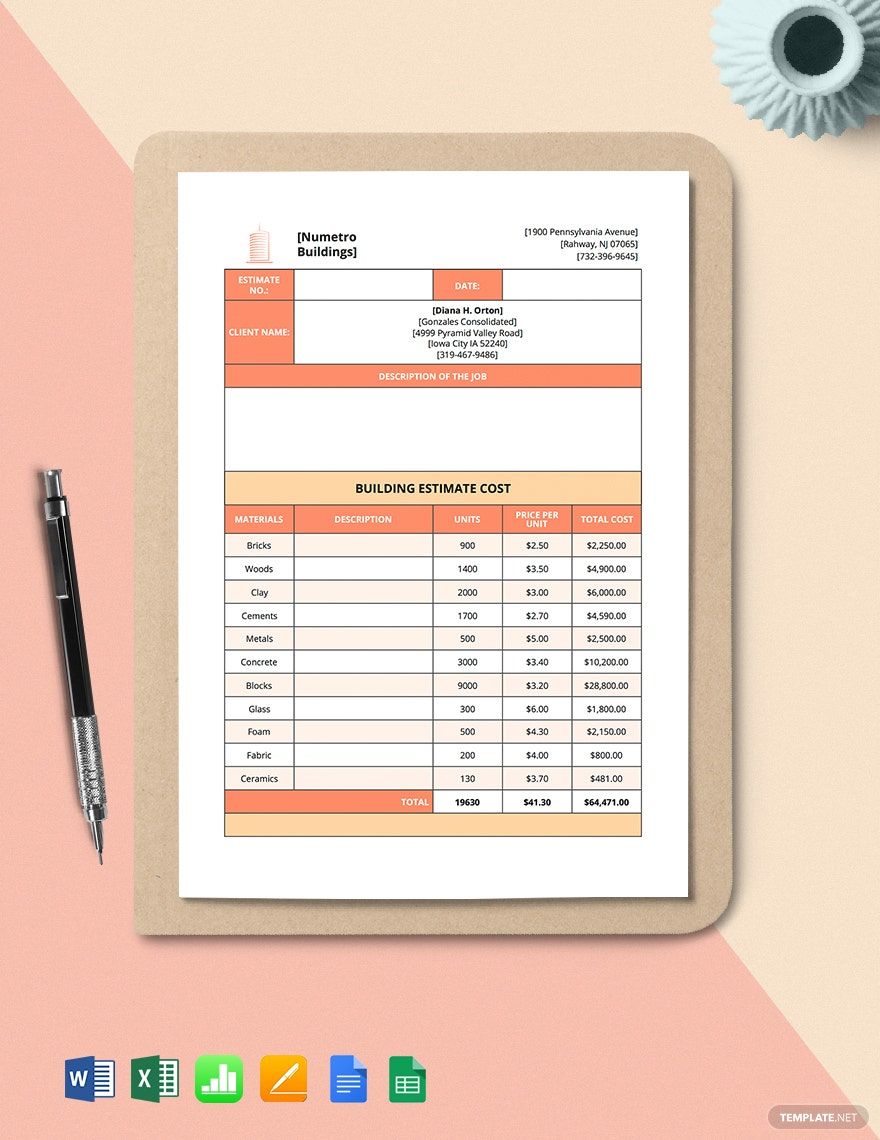Blank Construction Cost Estimate Template - Google Docs, Word, Apple ...