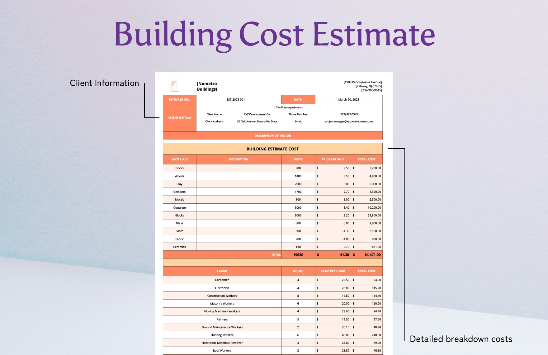 Building Cost Estimate Template