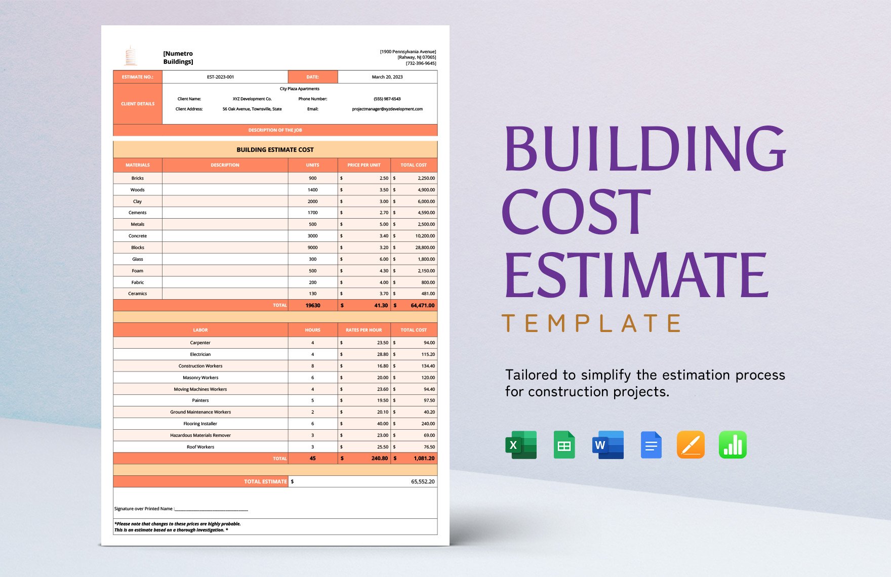 Building Cost Estimate Template in Word, Google Docs, Excel, Google Sheets, Apple Pages, Apple Numbers
