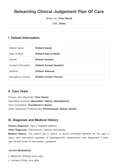 Free Relearning Clinical Judgement Plan Of Care Template to Edit Online