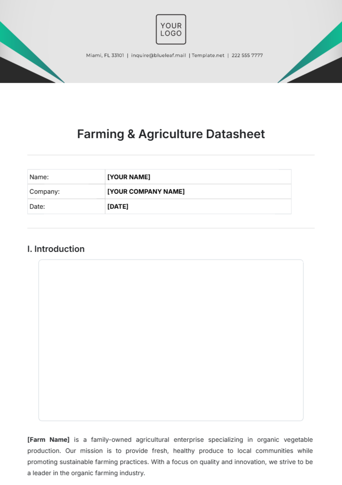 Farming & Agriculture Datasheet Template - Edit Online & Download