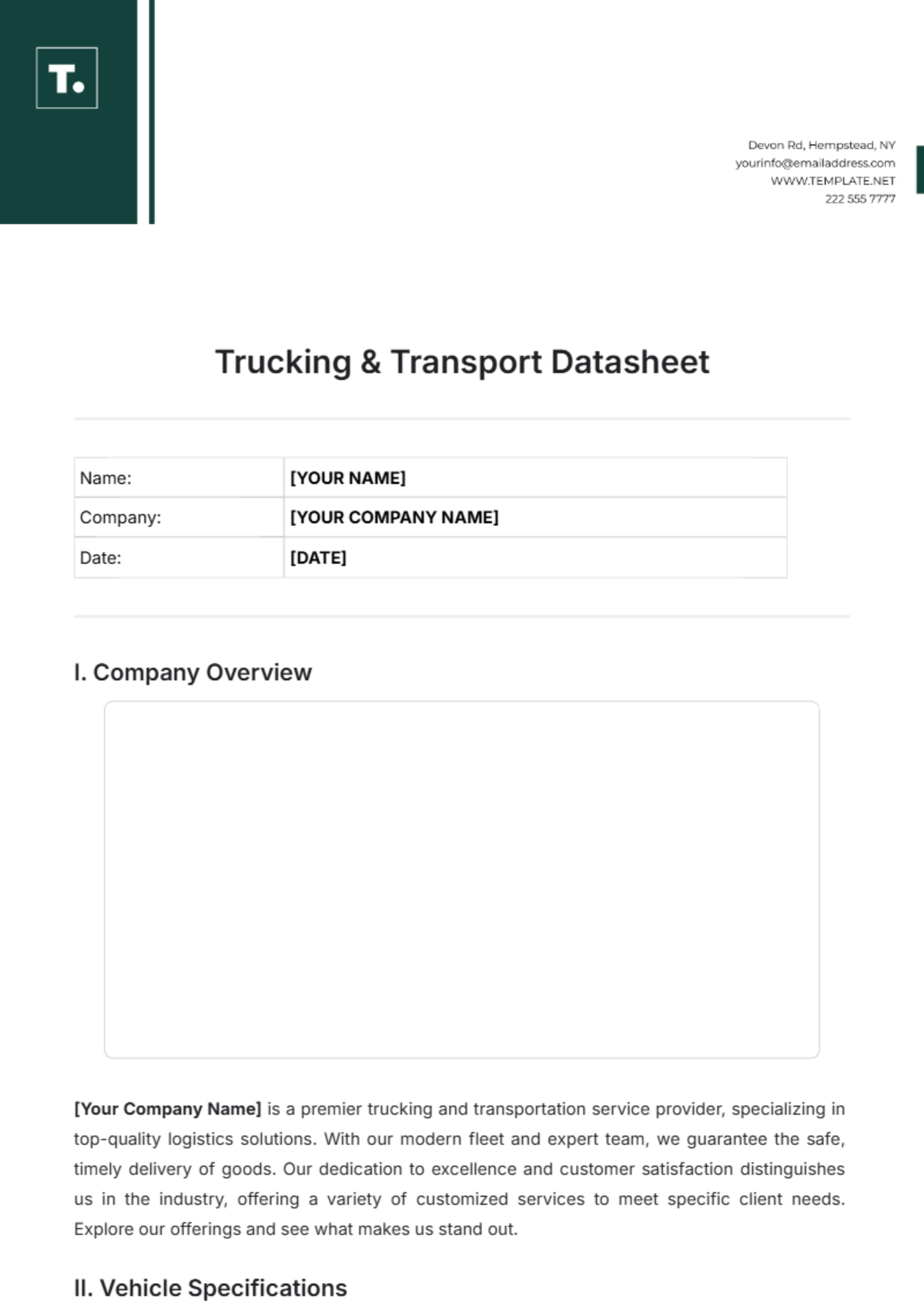 Trucking & Transport Datasheet Template - Edit Online & Download