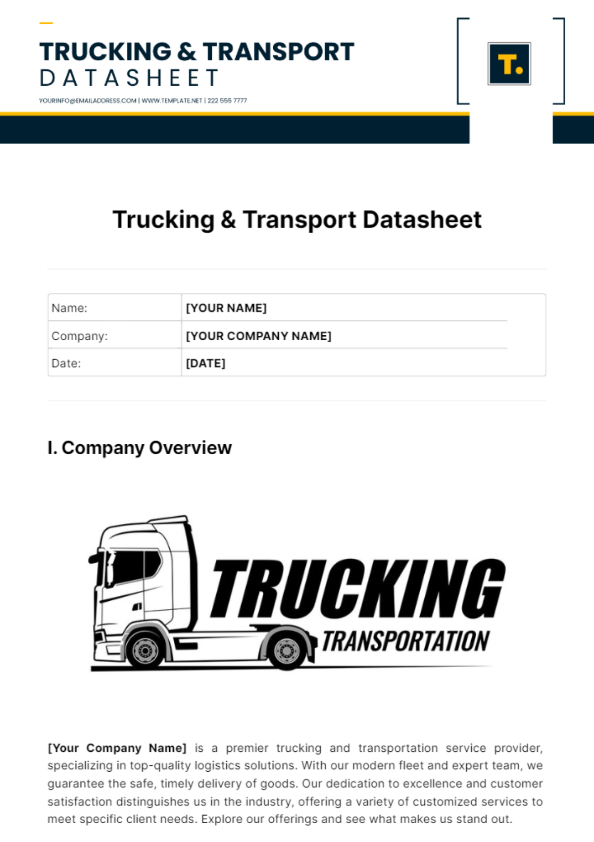 Trucking & Transport Datasheet Template