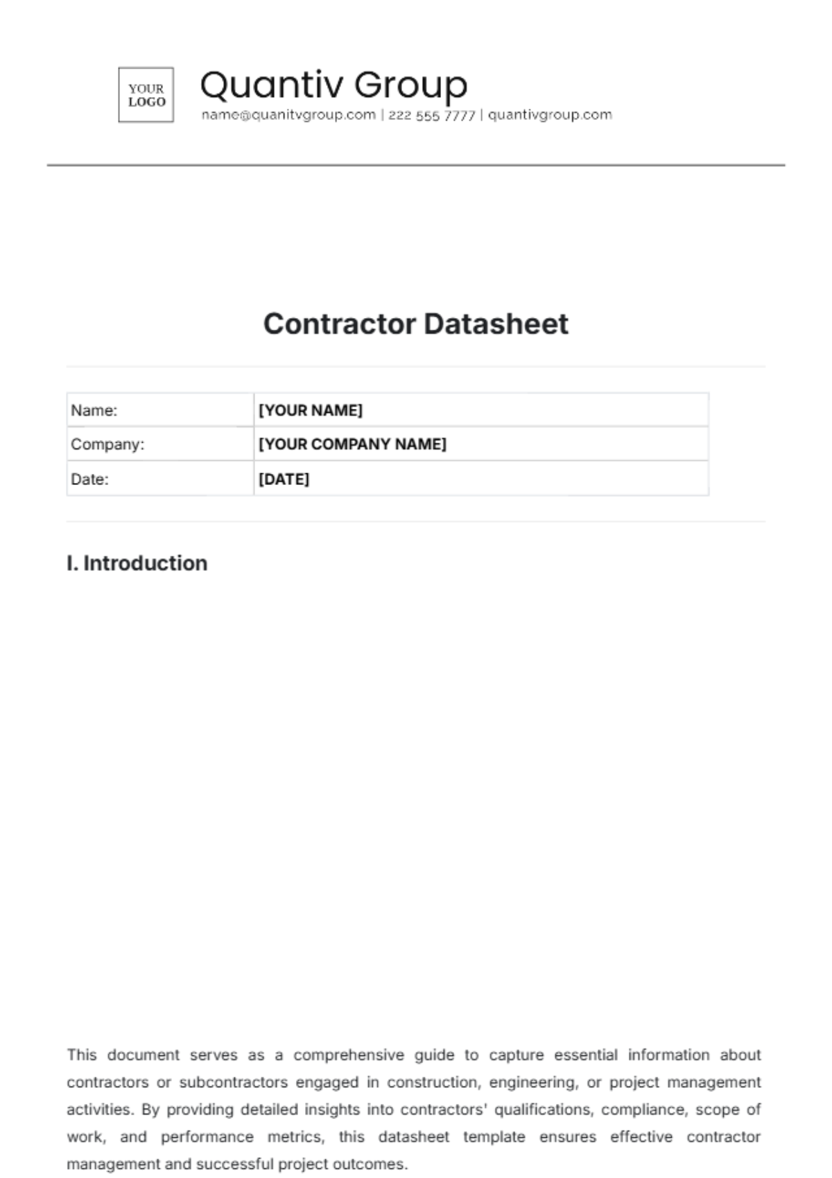 Contractor Datasheet Template