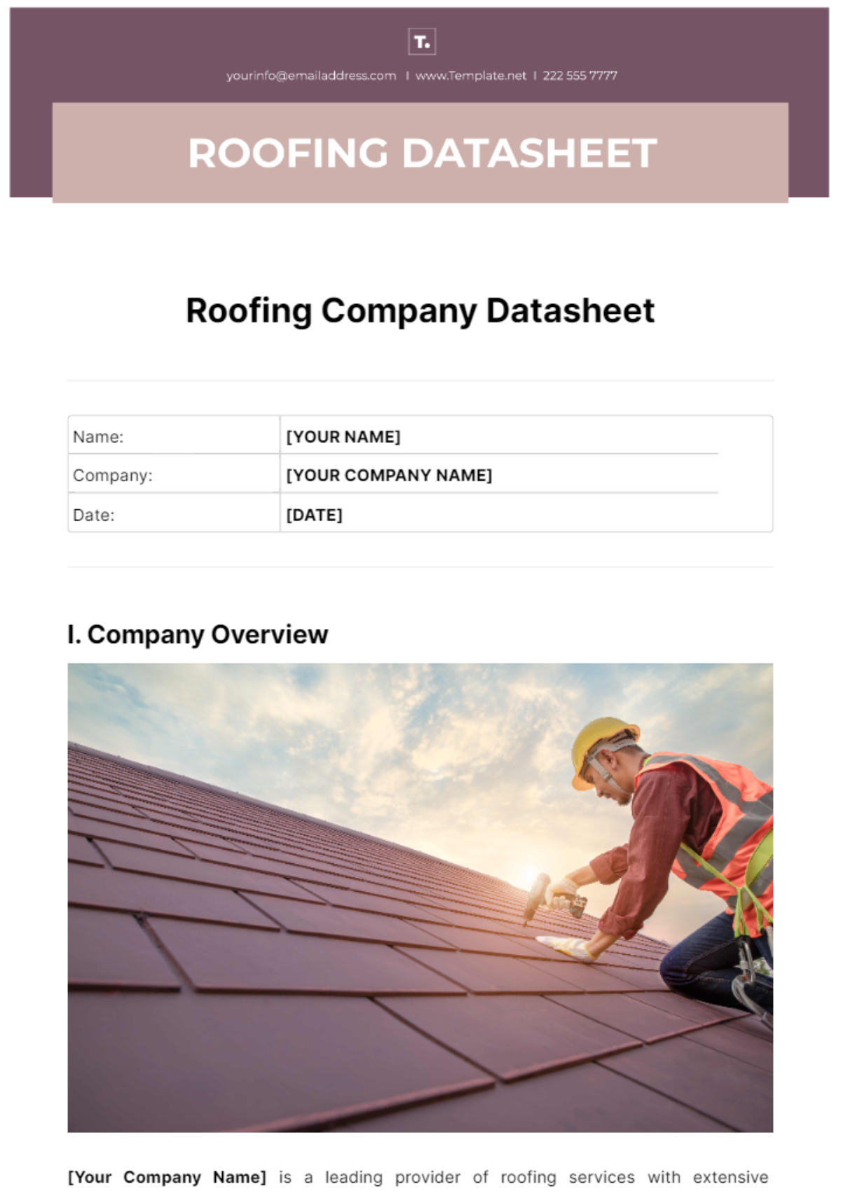 Roofing Company Datasheet Template