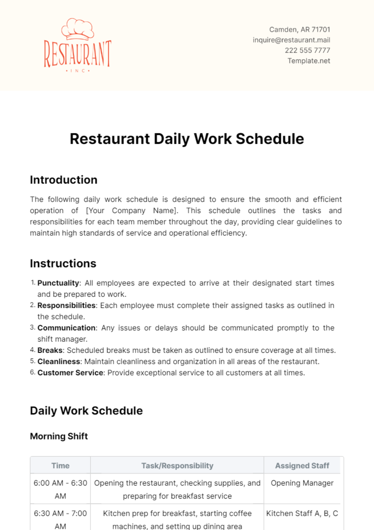 Restaurant Daily Work Schedule Template - Edit Online & Download