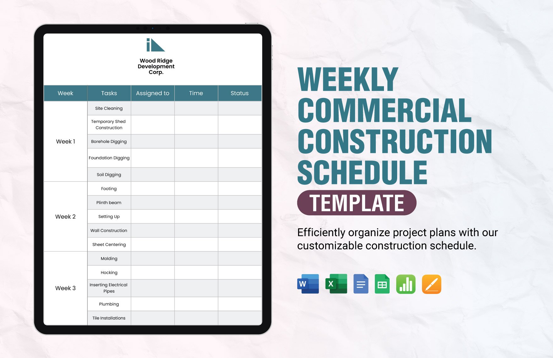 Weekly Commercial Construction Schedule Template in Word, Google Docs, Excel, Google Sheets, Apple Pages, Apple Numbers