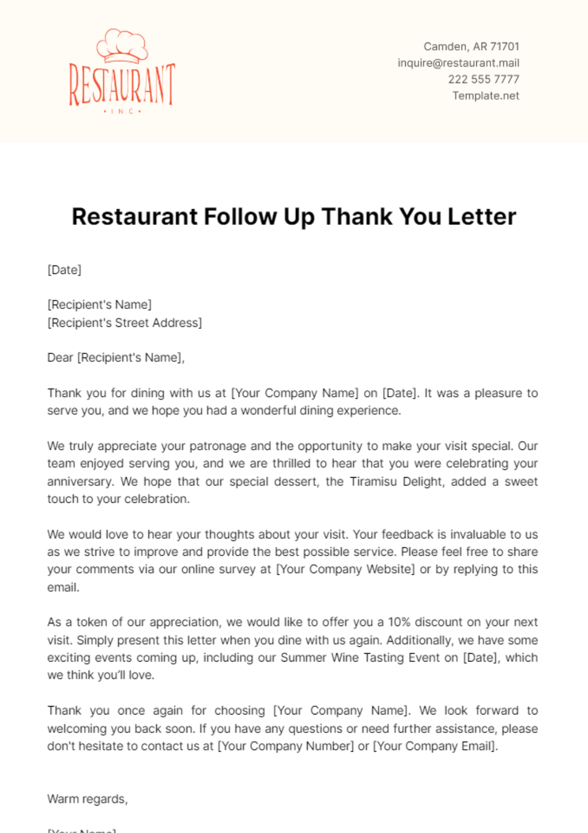Free Restaurant Follow Up Thank You Letter Template