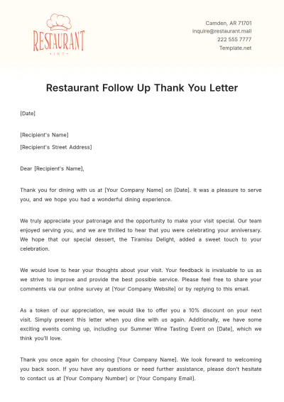 Free Restaurant Follow Up Thank You Letter Template to Edit Online