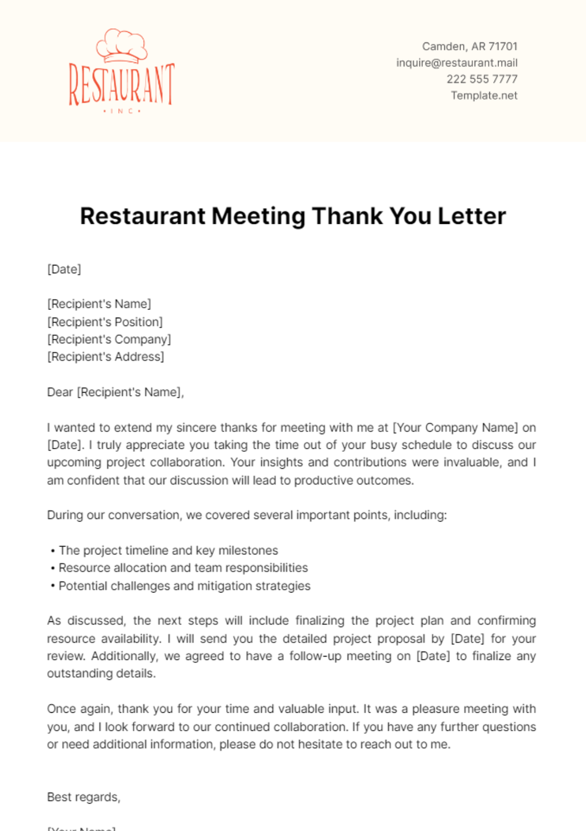 Free Restaurant Meeting Thank You Letter Template