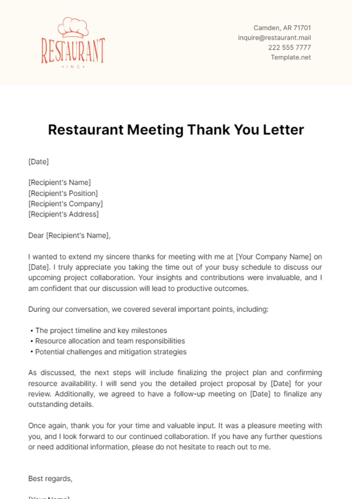 Restaurant Meeting Thank You Letter Template - Edit Online & Download