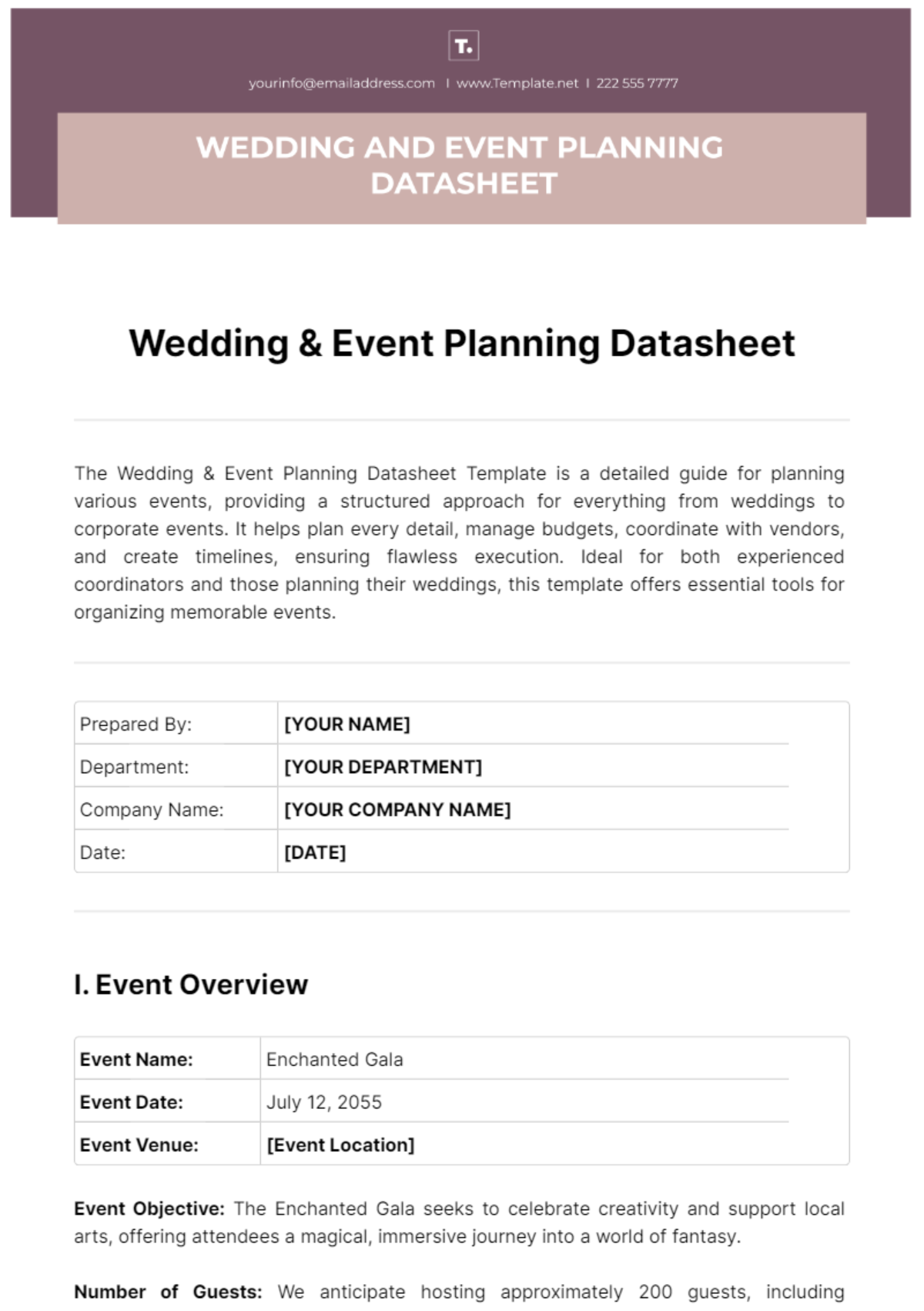 Free Wedding & Event Planning Datasheet Template