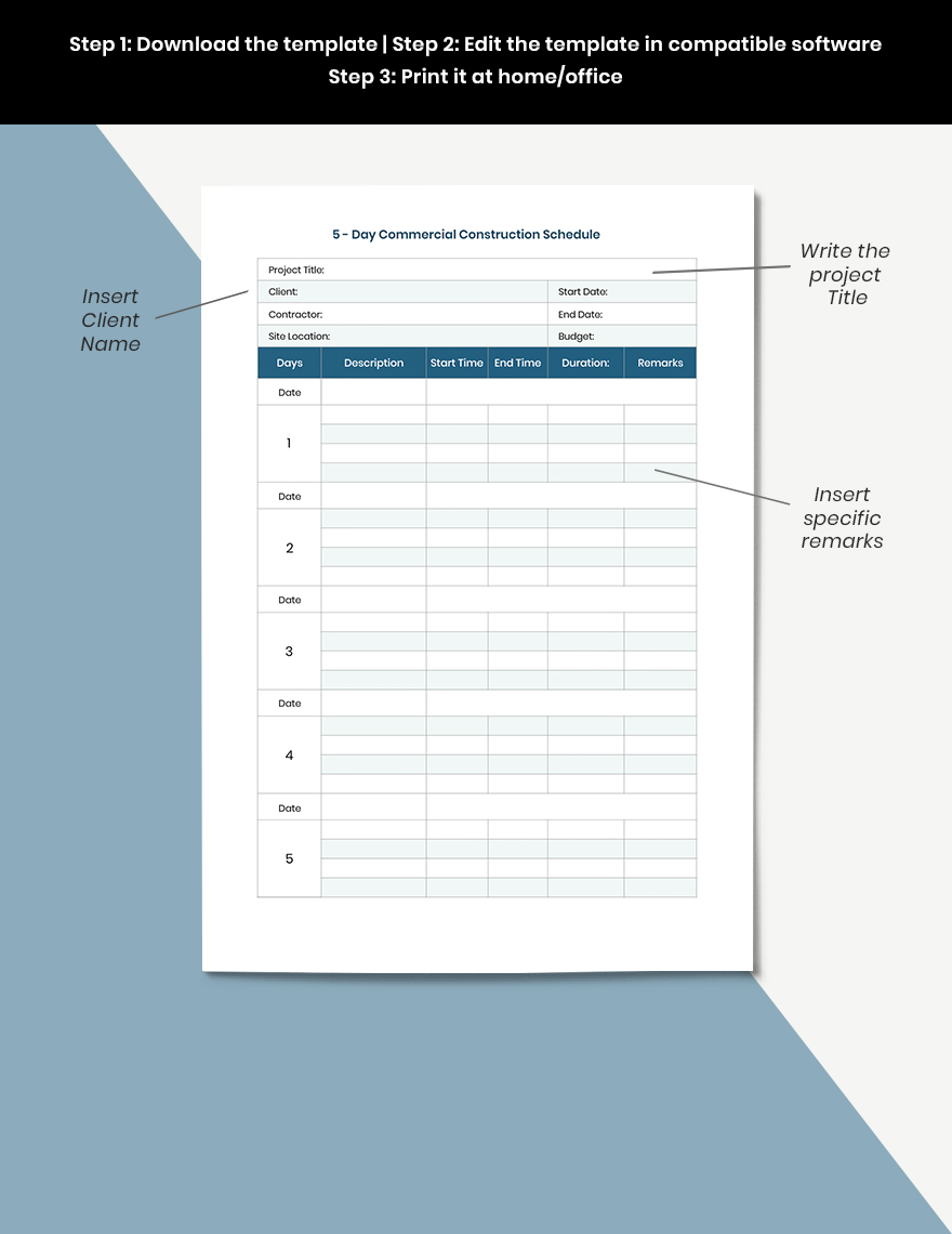 5-Day Commercial Construction Schedule Template