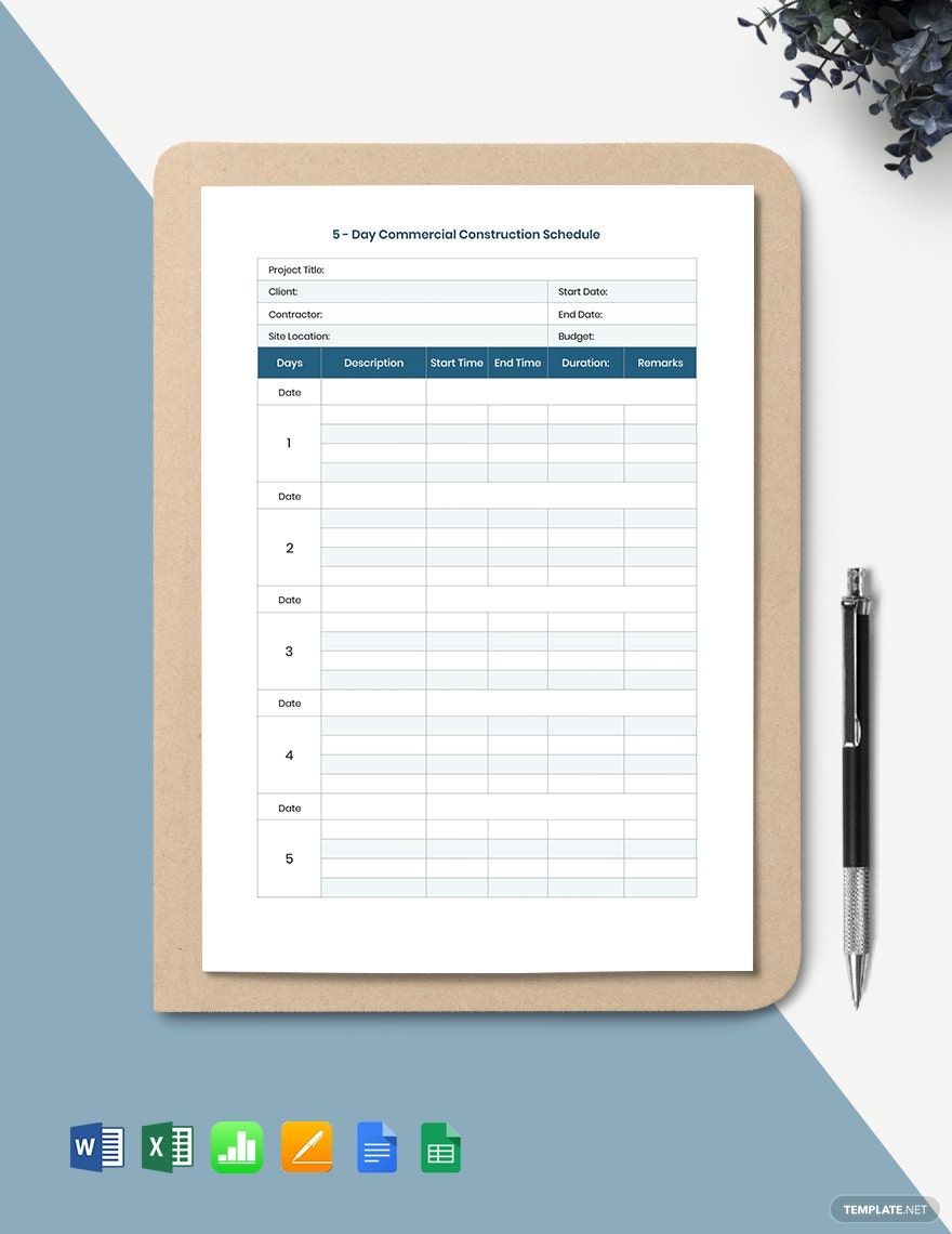 5-Day Commercial Construction Schedule Template