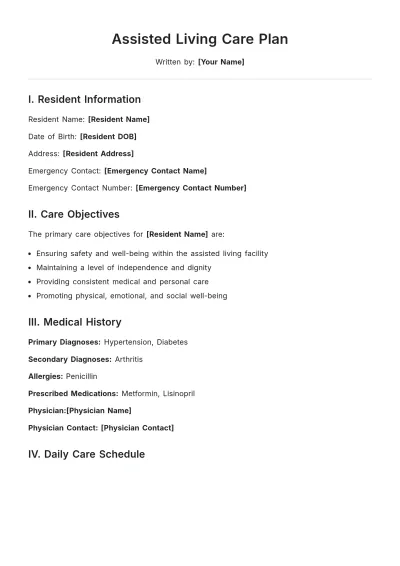 Free Assisted Living Care Plan Template to Edit Online