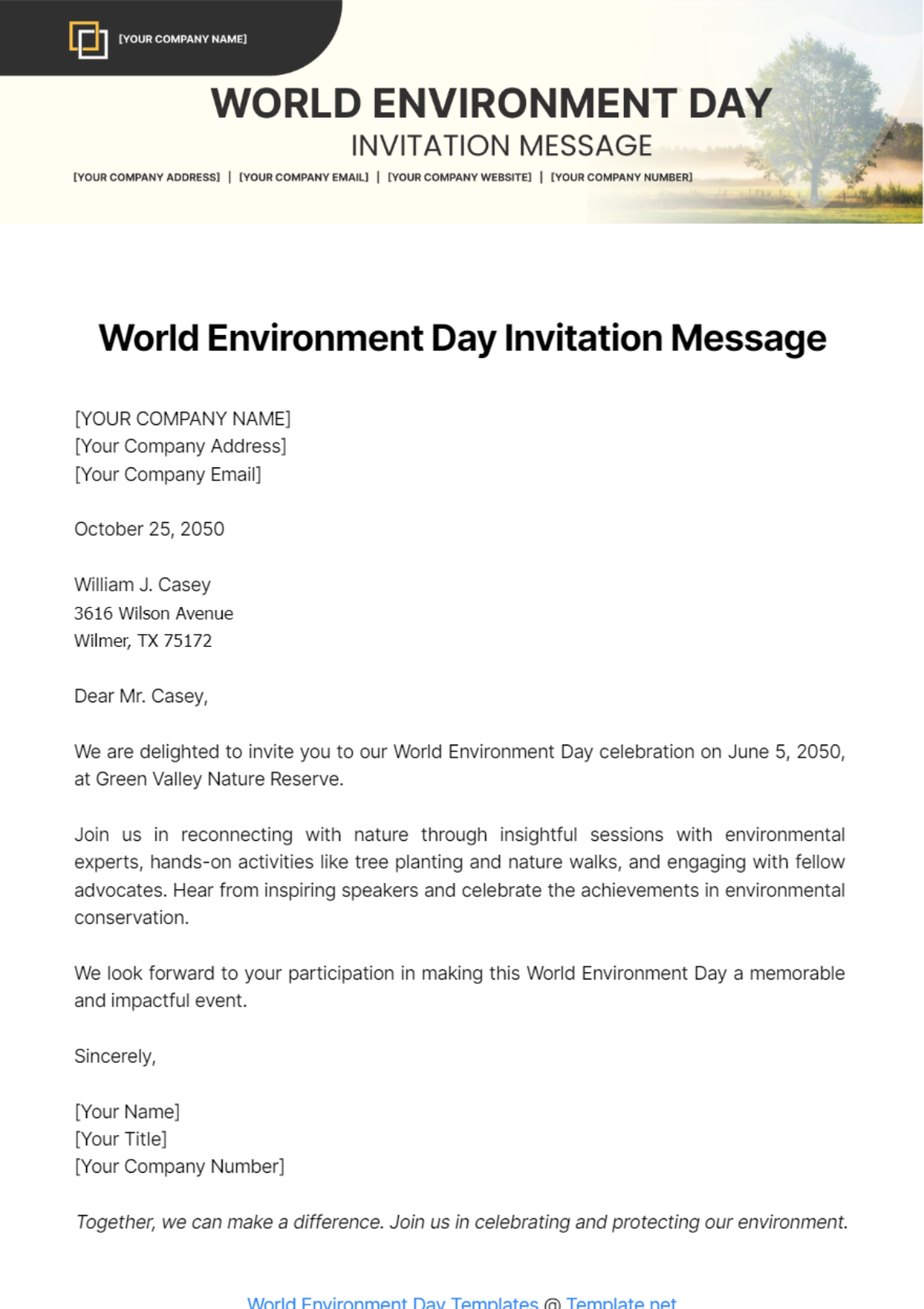Free World Environment Day Invitation Message Template