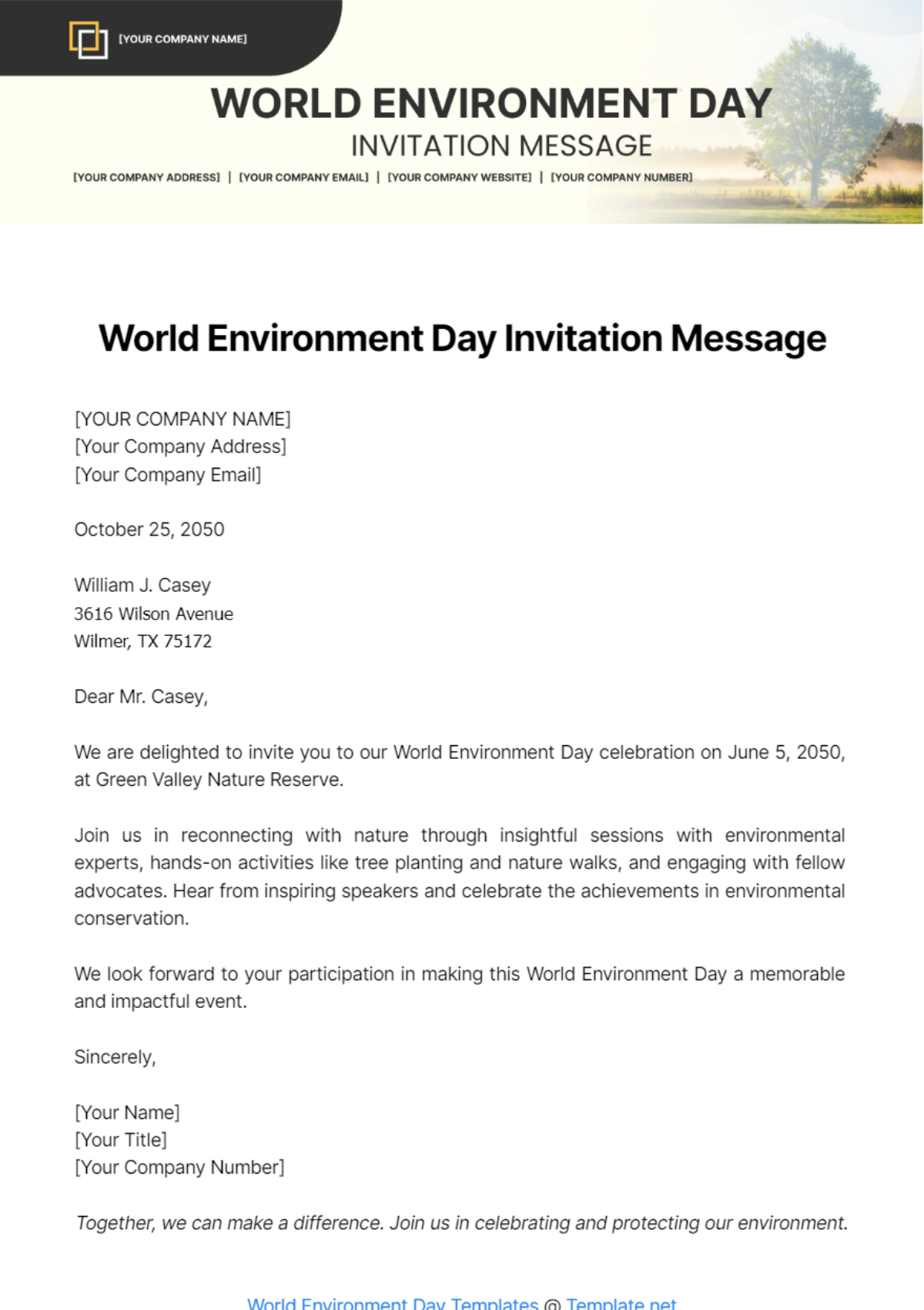 World Environment Day Invitation Message Template