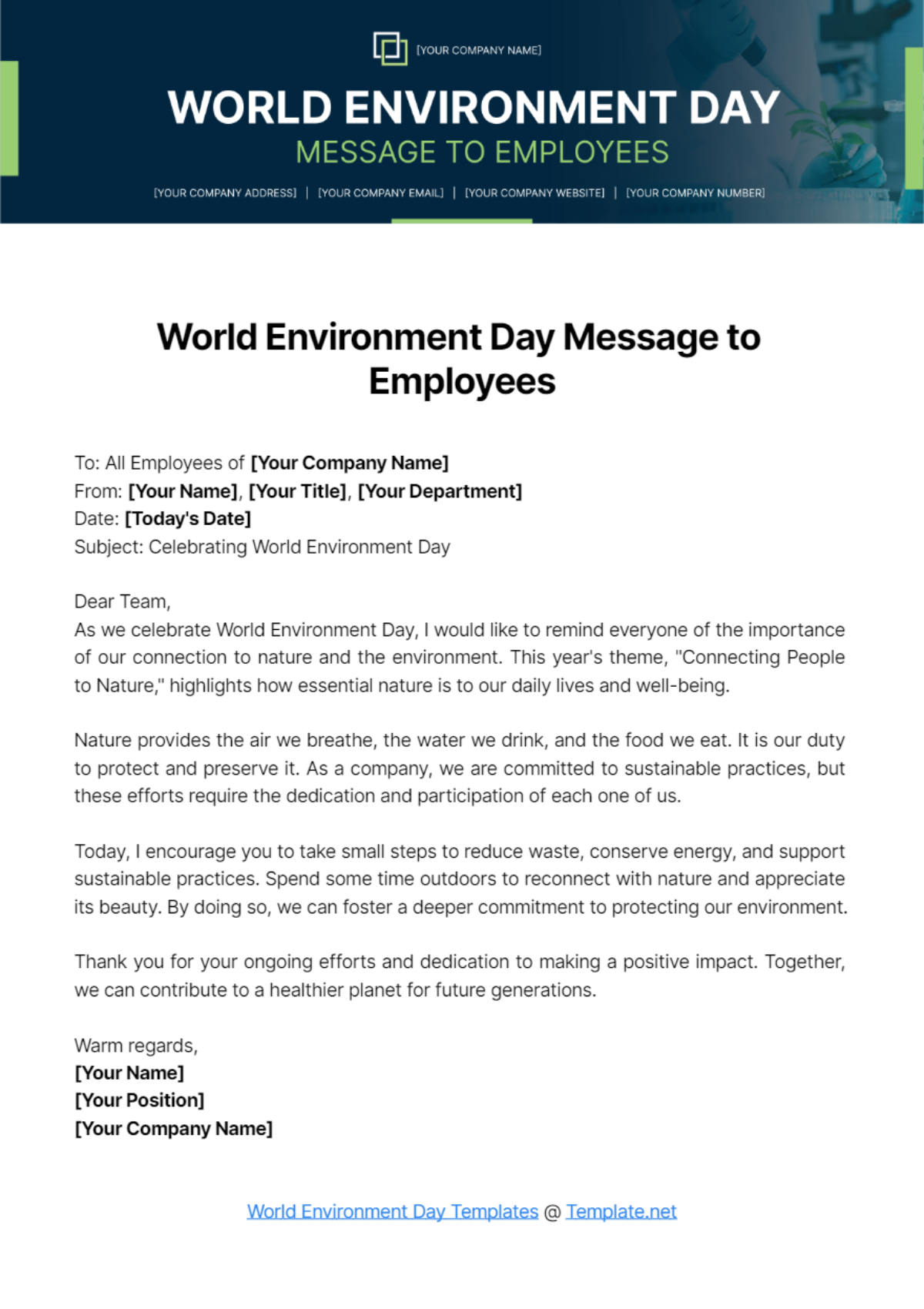 Free World Environment Day Message to Employees Template