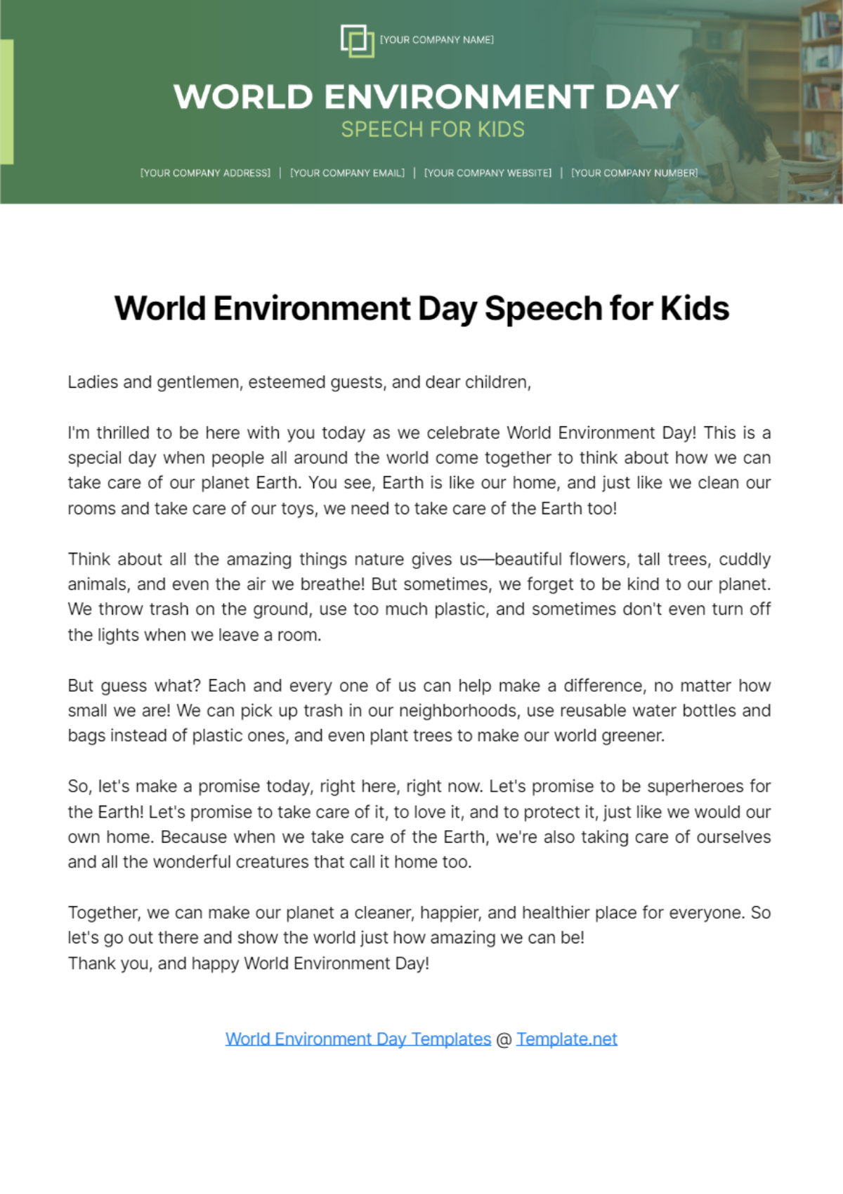 Free World Environment Day Speech for Kids Template