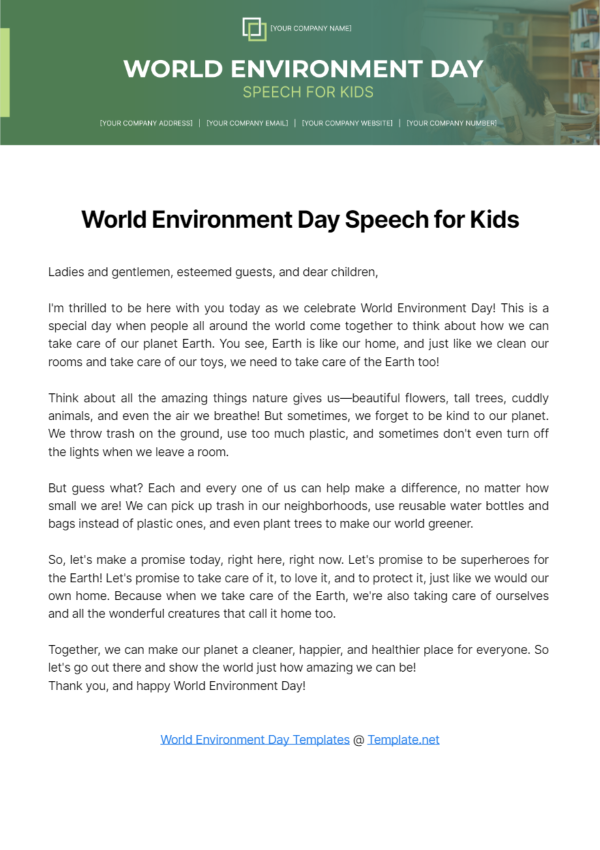 World Environment Day Speech for Kids Template