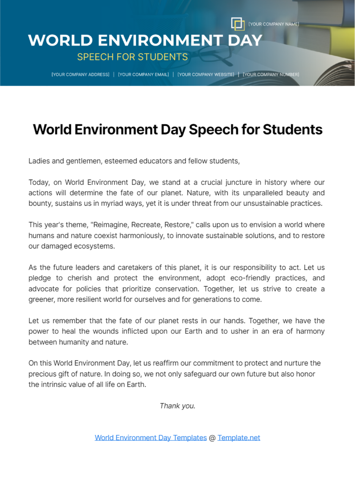 Free World Environment Day Speech for Students Template