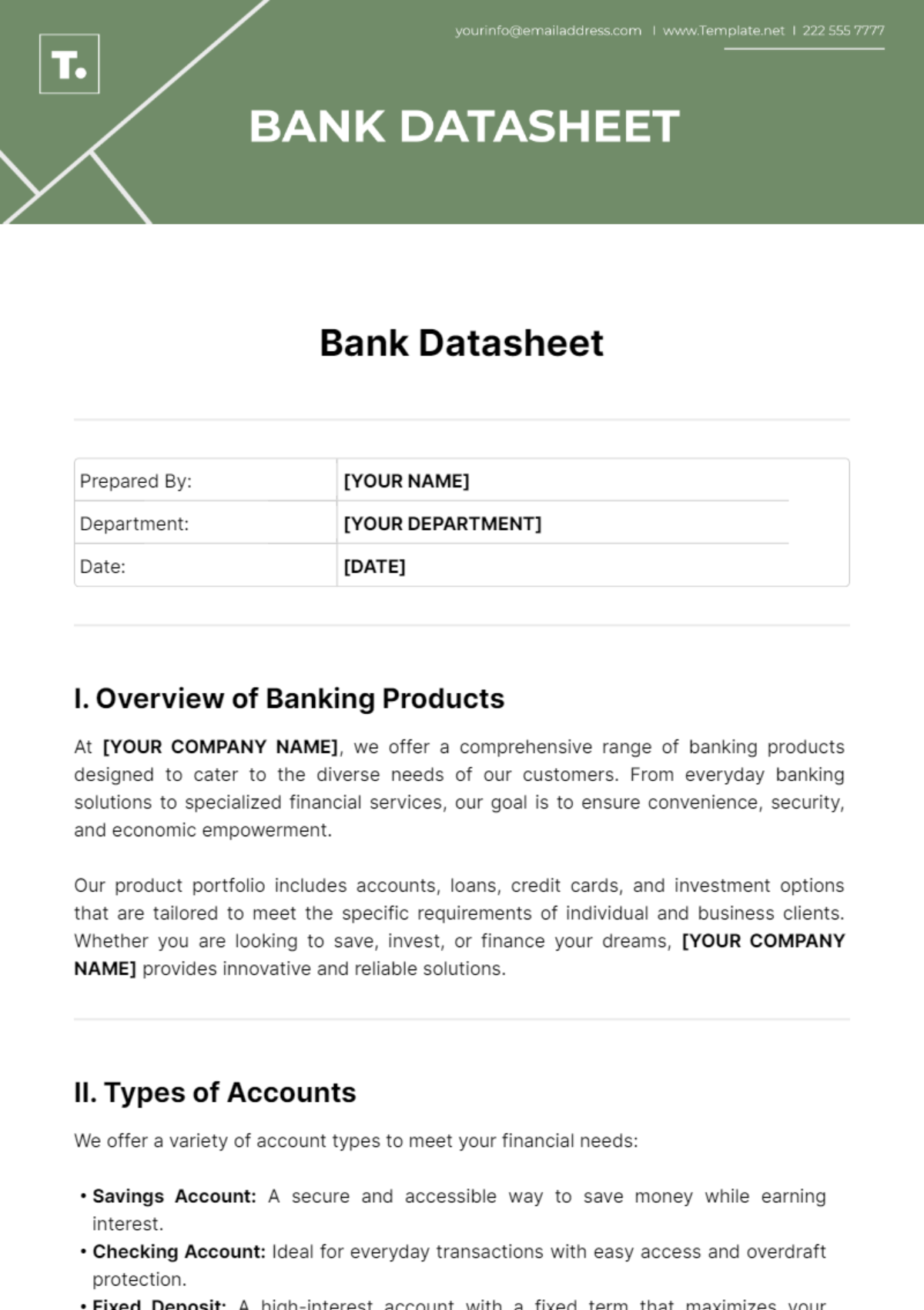 Bank Datasheet Template