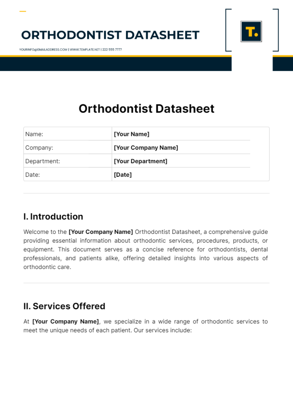 Orthodontist Datasheet Template - Edit Online & Download