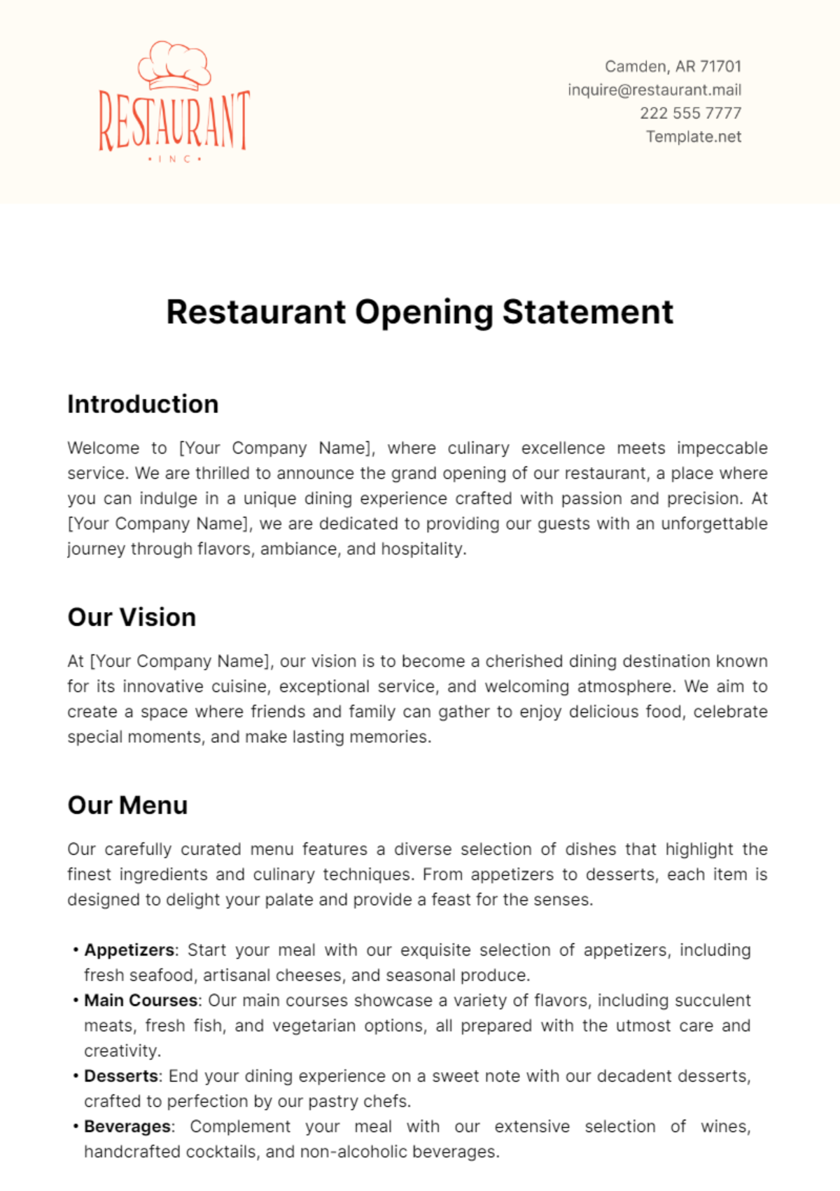 Restaurant Opening Statement Template - Edit Online & Download