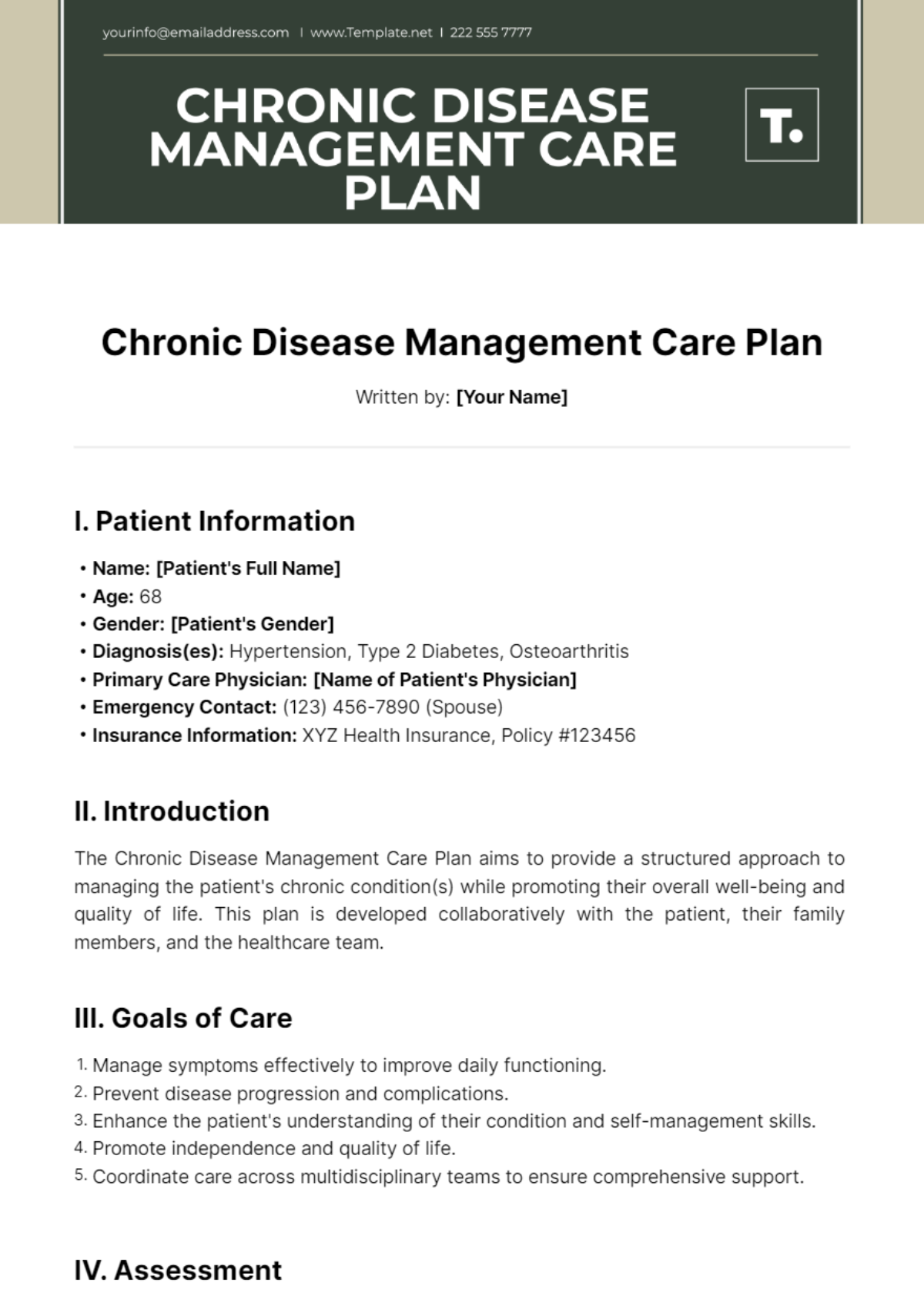 Chronic Disease Management Care Plan Template