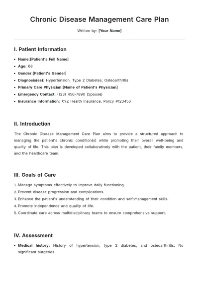 Free Chronic Disease Management Care Plan Template to Edit Online