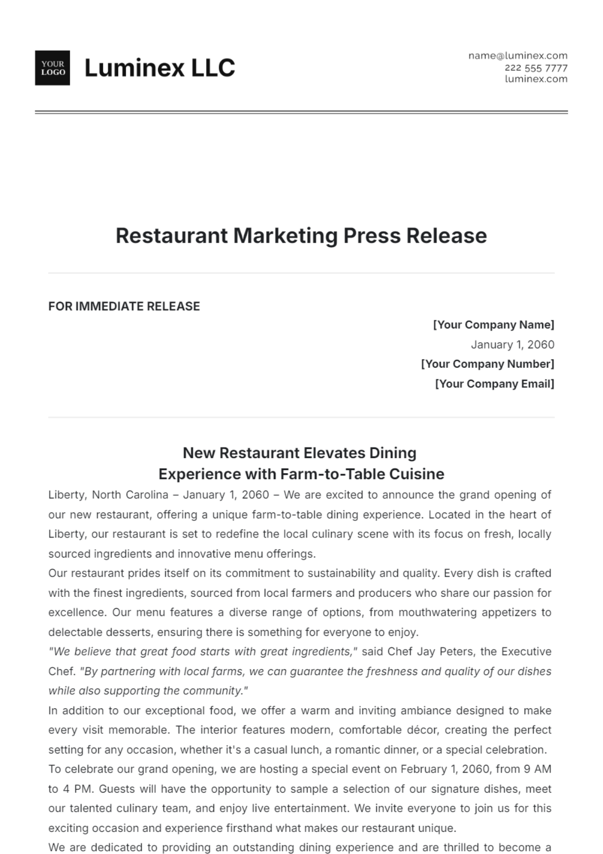 Restaurant Marketing Press Release Template