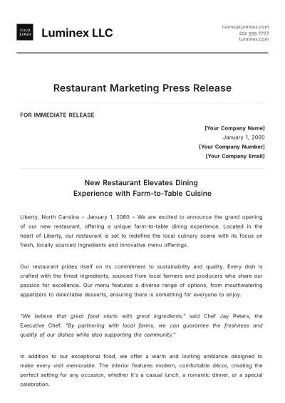 Free Restaurant Marketing Press Release Template to Edit Online