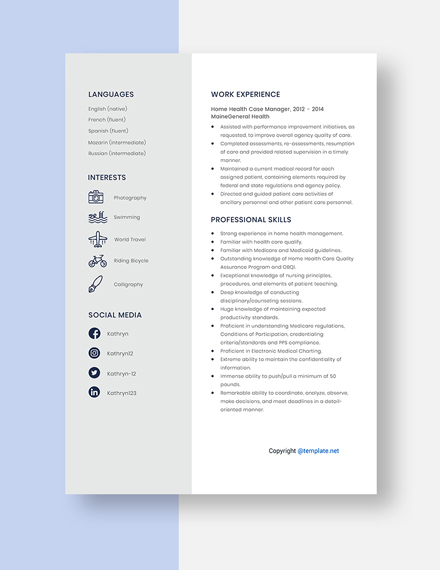 Home Health Case Manager Resume Template