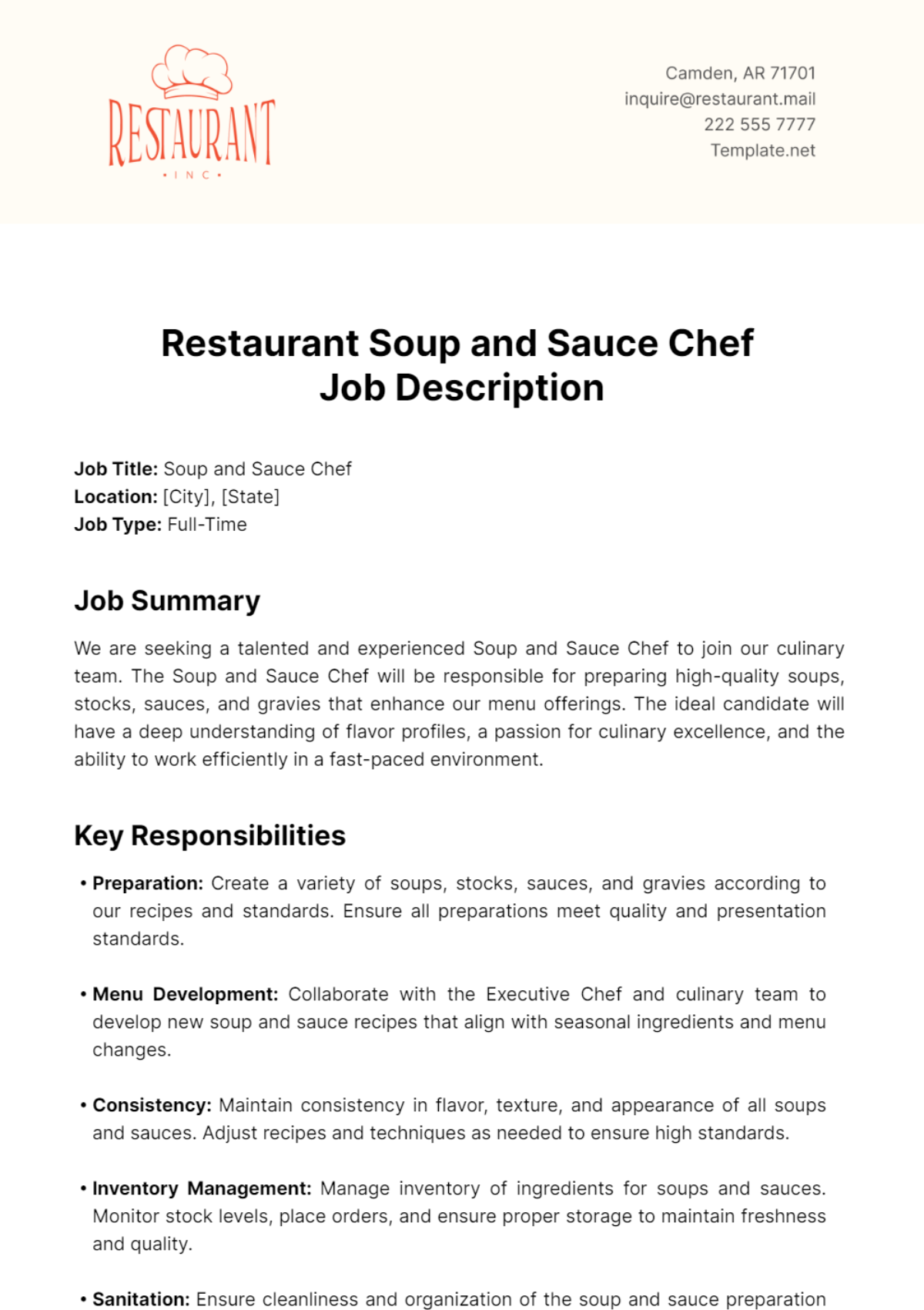 Restaurant Soup and Sauce Chef Job Description Template - Edit Online & Download