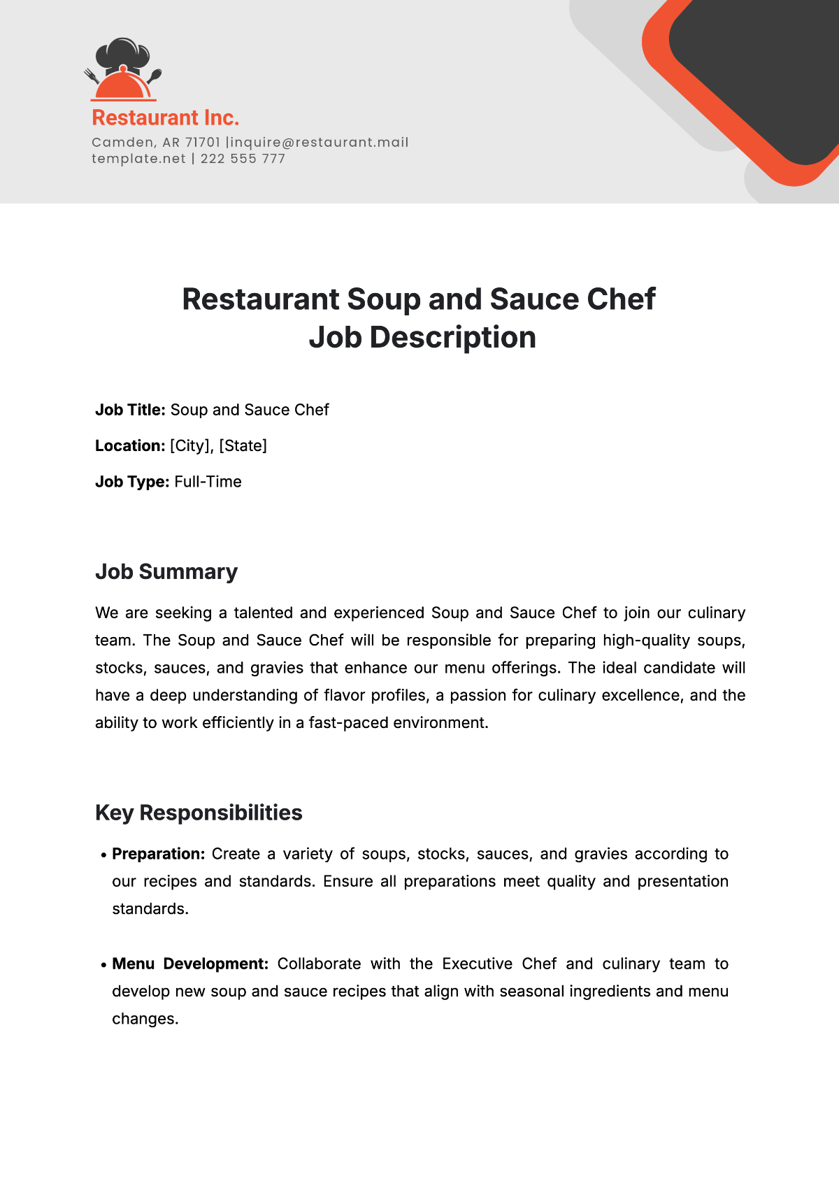 Free Restaurant Soup and Sauce Chef Job Description Template