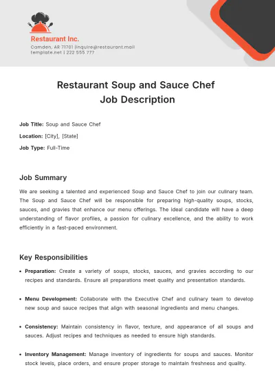 Free Restaurant Soup and Sauce Chef Job Description Template to Edit Online